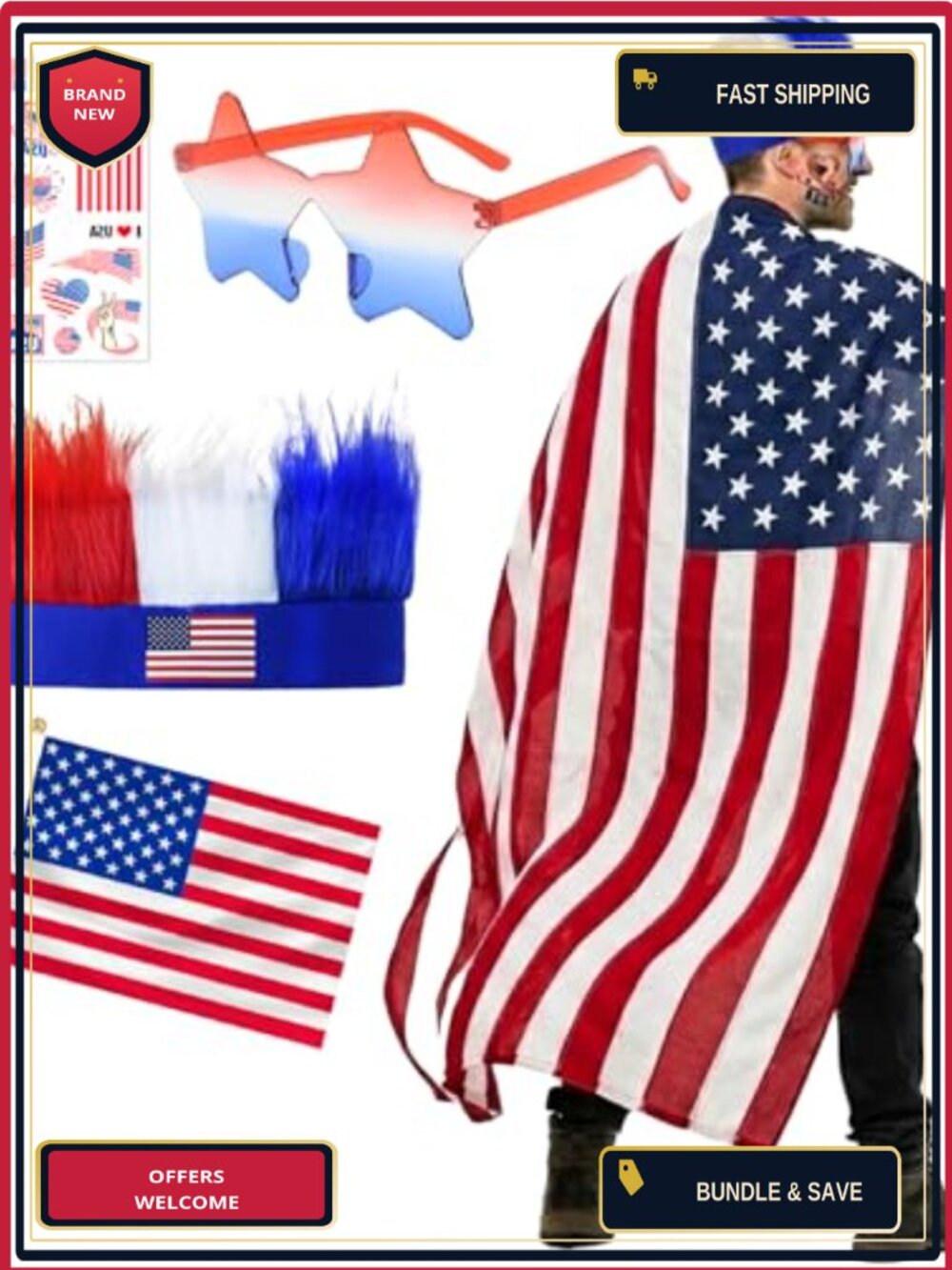 Patriotic Halloween Costume Set Adults Flag Cape Wig Headband Sunglasses Tattoos